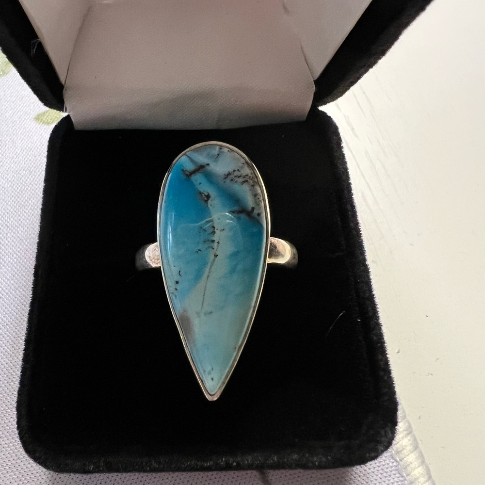 Turquoise White Dendritic Teardrop Ring